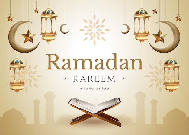 Um cartaz para Ramadan Kareem com um livro e uma estrela nele