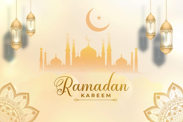 Um cartaz para Ramadan Kareem com uma mesquita e uma lua crescente no topo.