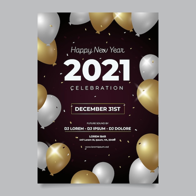 um cartaz para um feliz ano novo com balões e estrelas