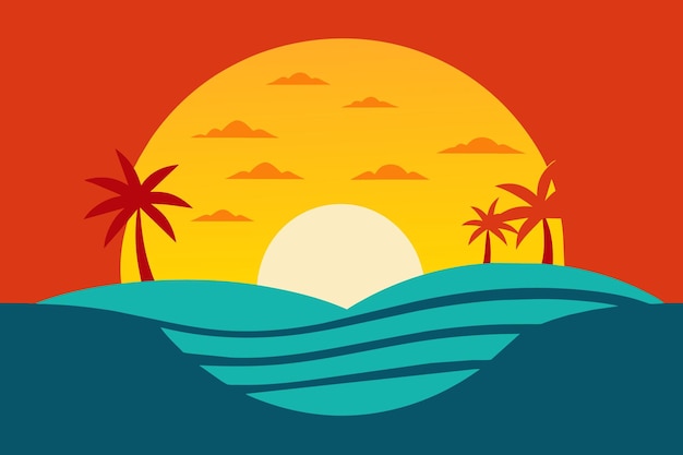 Vetor um cartaz para um pôr-do-sol com palmeiras e um barco na água