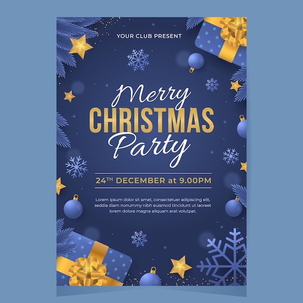 um cartaz para uma festa de Natal com um fundo azul com flocos de neve e estrelas