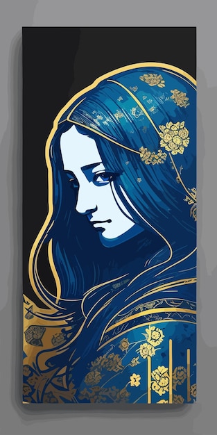 Um cartaz para uma mulher com cabelo azul e uma flor na cabeça.
