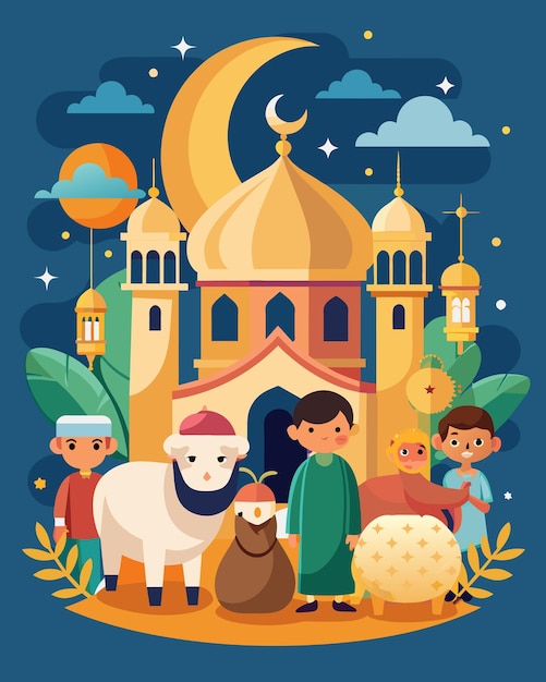 um cartaz para uma natividade com uma vaca e uma mesquita