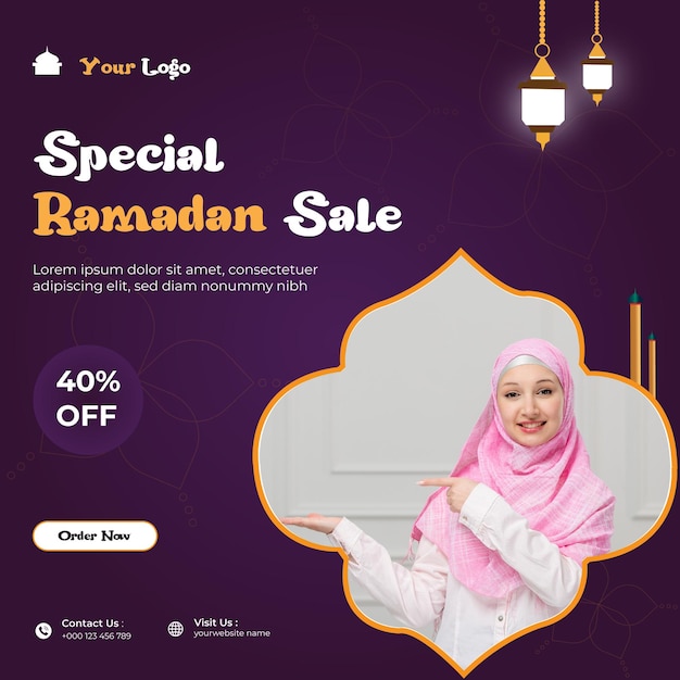Um cartaz para venda especial do ramadã com uma mulher em um lenço rosa