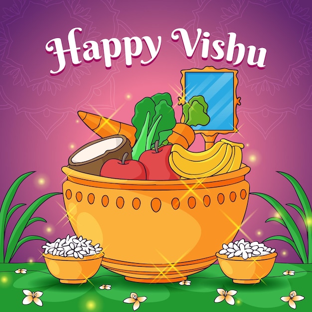 Vetor um cartaz para vishu feliz com uma cesta de legumes e frutas.