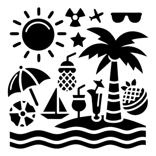 Um cartaz preto e branco de uma cena de praia com palmeiras e óculos de sol
