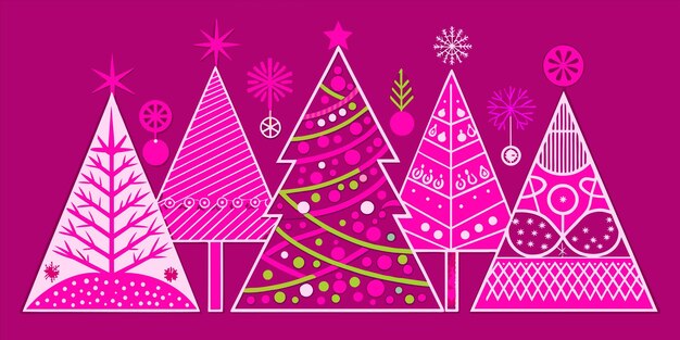 Vetor um cartaz rosa com um fundo roxo com uma árvore de natal e um fundo rosa