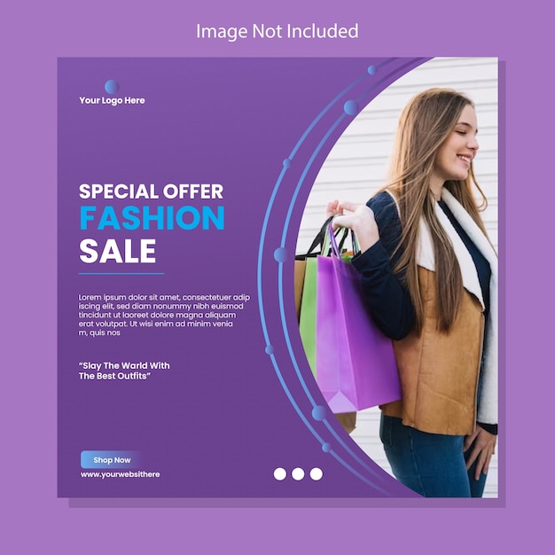 um cartaz roxo para uma venda de moda com uma mulher segurando um saco de compras