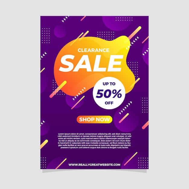 um cartaz roxo para venda com um desenho amarelo e laranja nele