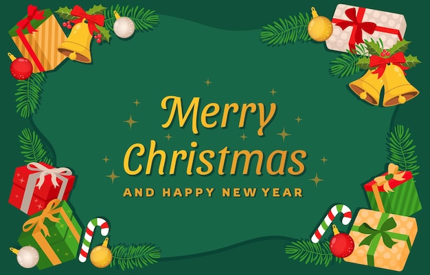 um cartaz verde com uma árvore de Natal e decorações