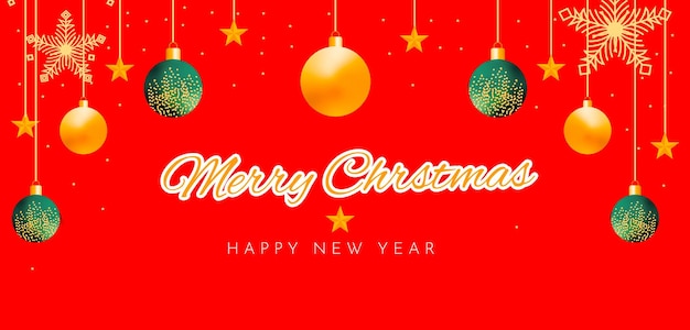 um cartaz vermelho com uma árvore de cartão de Natal e estrela de bola e flocos de neve