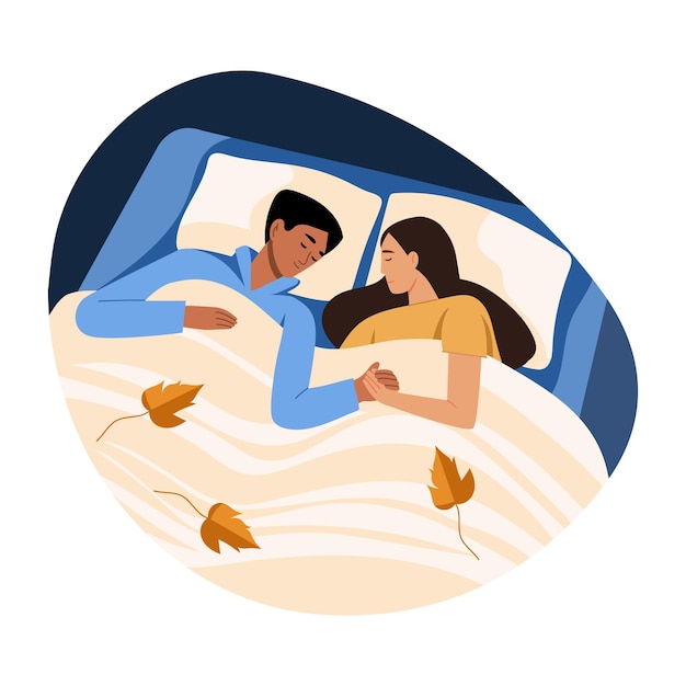 Um casal a dormir em paz numa cama com folhas de outono.