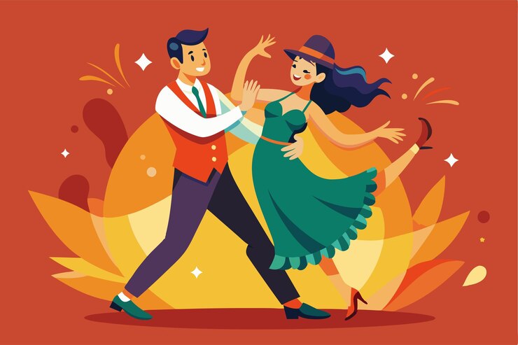 Vetor um casal alegre dança o tango em um cenário animado e colorido mostrando sua paixão pela música e pelo movimento ilustração plana de tango personalizável