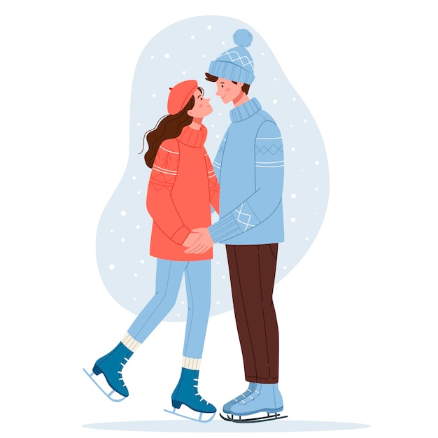 Um casal apaixonado em roupas de inverno está patinando Ilustração desenhada à mão simples