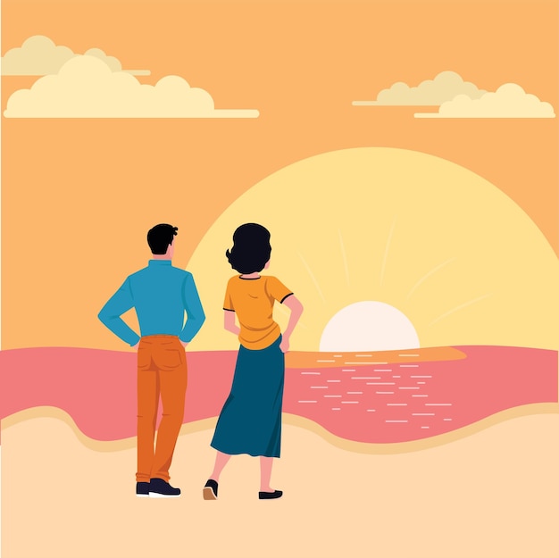 um casal assistindo o pôr do sol na praia
