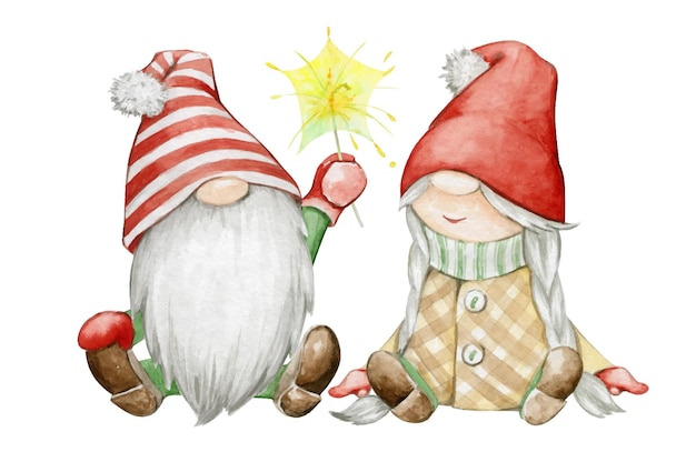 Um casal de gnomos de Natal clipart de aquarela em estilo de desenho animado em um fundo isolado