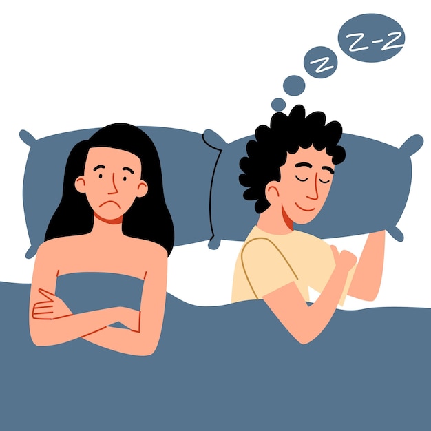 Um casal de homens e mulheres deitados na cama O conceito de um problema sexual ou íntimo
