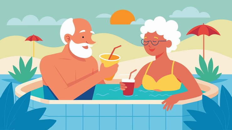 Vetor um casal de idosos descansando em um jacuzzi privado bebendo água de desintoxicação infundida com frutas