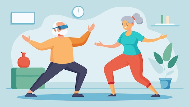 Vetor um casal de idosos participando de uma aula de tai chi de realidade virtual combinando relaxamento e gentileza
