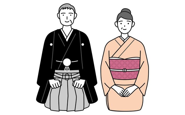 Vetor um casal de idosos vestidos de kimono cumprimentando o ano novo