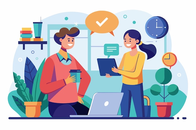 Um casal de indivíduos de pé na frente de um laptop envolvido em uma discussão de trabalho Trabalhadores consultam uns aos outros sobre o trabalho Ilustração vetorial plana simples e minimalista