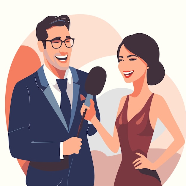 Vetor um casal de jornalistas entrevistando uma mulher com um microfone ilustração vetorial em estilo de desenho animado