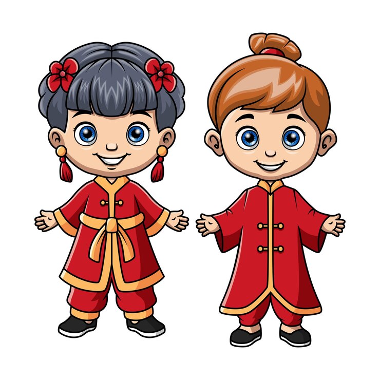 Vetor um casal de miúdos de desenho animado a usar roupas de porcelana