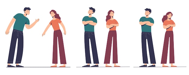 Um casal de mulher e homem está brigando. desentendimentos e problemas entre parceiros nas relações. ilustração de diferentes etapas da psicologia dos relacionamentos.