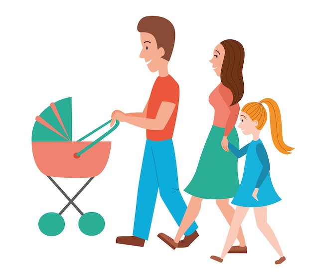 Um casal de pais com um carrinho de bebê e um bebê, uma família feliz com dois filhos