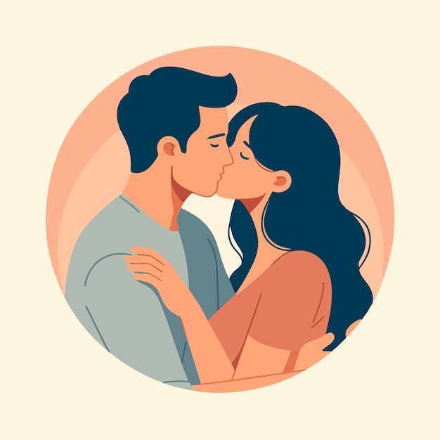 Vetor um casal de personagens vetoriais a beijar-se com um estilo de design plano.