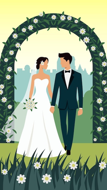 Um casal elegante sob um arco floral