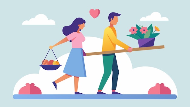 Um casal em um balanço com um buquê de flores e um saco de compras representando o equilíbrio entre