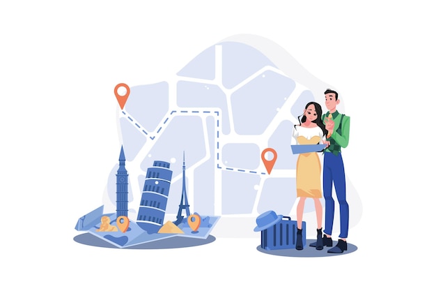 Um casal está pesquisando novos lugares no mapa