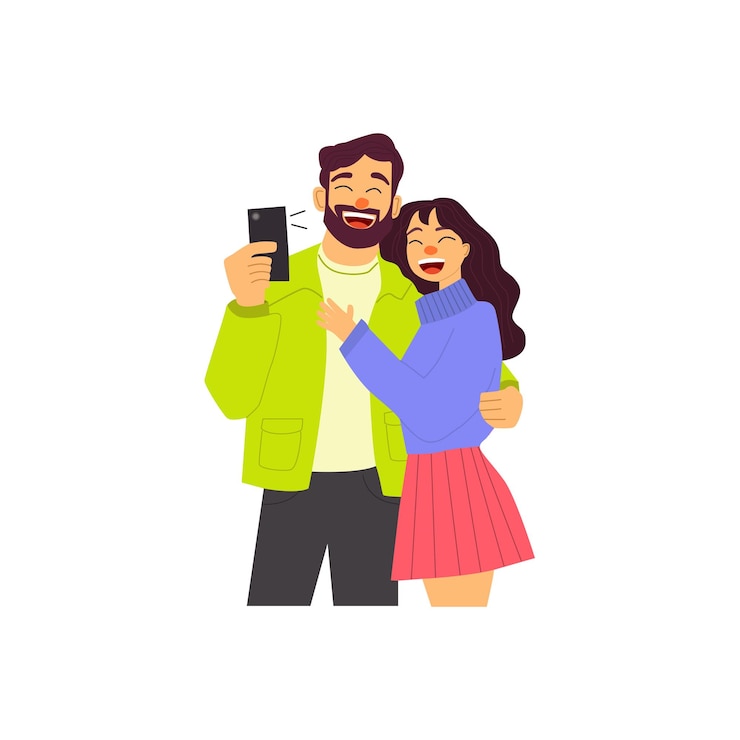 Vetor um casal feliz e apaixonado a tirar uma selfie com um telemóvel. um jovem e uma jovem a fazer uma selfie.