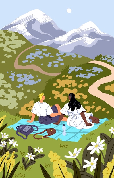 Um casal feliz está em um encontro romântico em um piquenique na natureza Um cartaz com pessoas em um cobertor em um prado com vista para a montanha Uma menina e um menino relaxam em uma paisagem rural no verão Ilustração vetorial plana