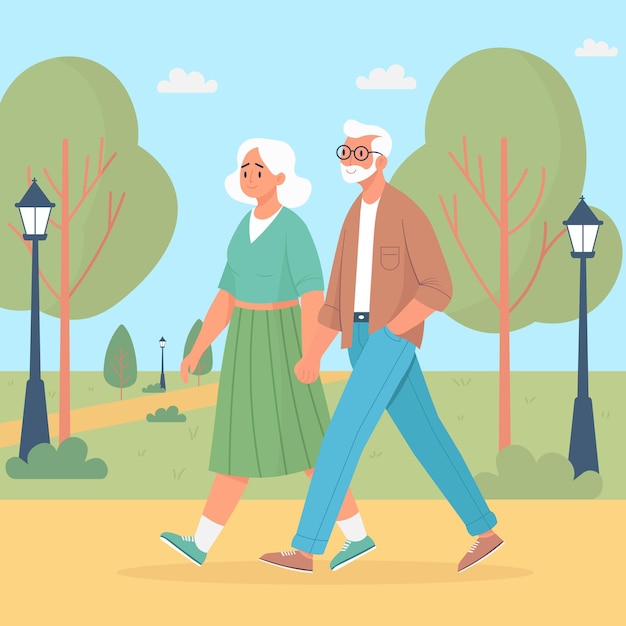 Um casal idoso está andando de mãos dadas no parque ilustração vetorial