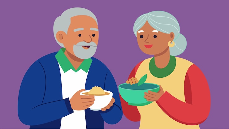 Vetor um casal idoso senta-se de mãos dadas, saboreando cada sumo de ajiaco, um prato que tem sido um alimento básico em