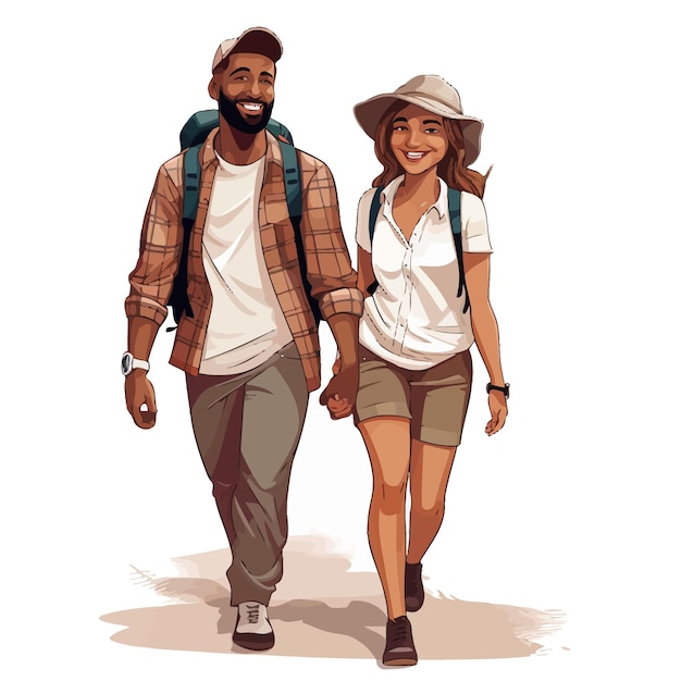 Vetor um casal interracial a fazer uma caminhada.