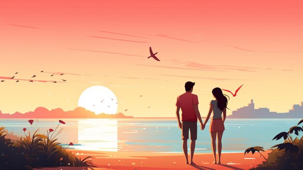 Vetor um casal na praia com um pôr-do-sol no fundo