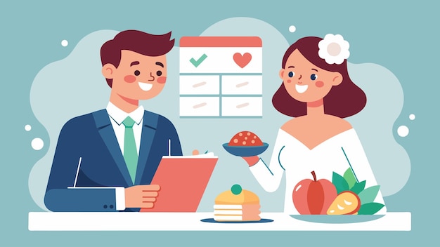 Vetor um casal recém-casado que utiliza um serviço de planejamento de refeições para tornar a sua primeira semana de vida casada uma
