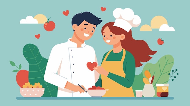Vetor um casal recém-noivado se une por seu amor mútuo pela comida e pela experiência de aprender a cozinhar