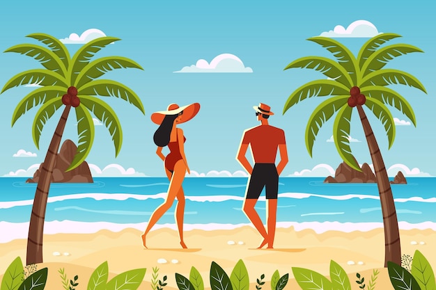 Um casal relaxando em uma praia tropical de verão ilustração vetorial plana