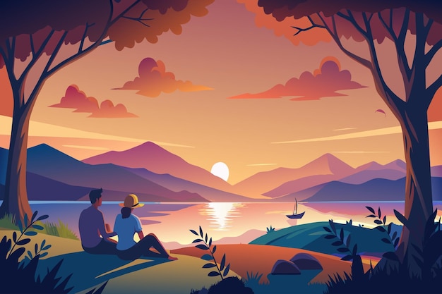 Vetor um casal senta-se à beira de um lago a ver o pôr-do-sol atrás das montanhas