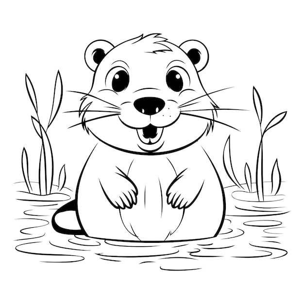 Vetor um castor bonito sentado na água, ilustração vetorial em preto e branco