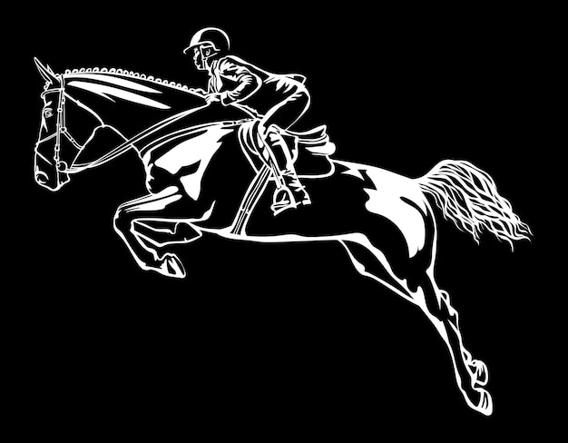 Um cavaleiro a cavalo supera um obstáculo desenho em branco sobre um fundo preto show jumping world c ...