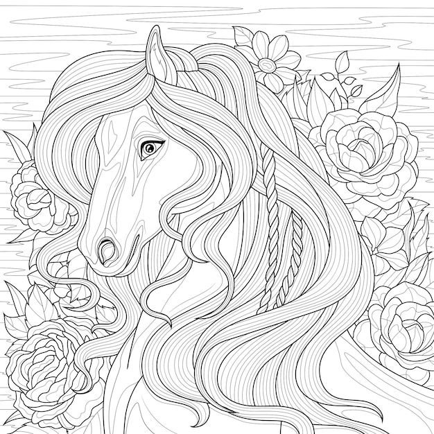 Um cavalo em flores livro de colorir anti-stress para crianças e adultos ilustração isolado no fundo branco estilo zentangle desenho de mão