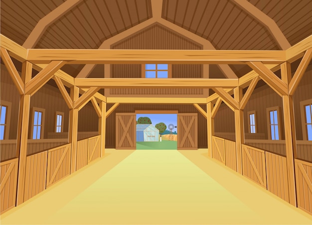 Um celeiro para animais de fazenda, vista para dentro. ilustração em estilo cartoon