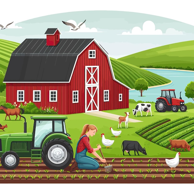 Vetor um celeiro vermelho com uma cena de fazenda com uma fazenda