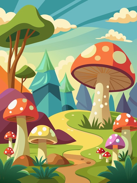 Um cenário de paisagem vetorial encantador com um prado verde exuberante salpicado de cogumelos vibrantes i