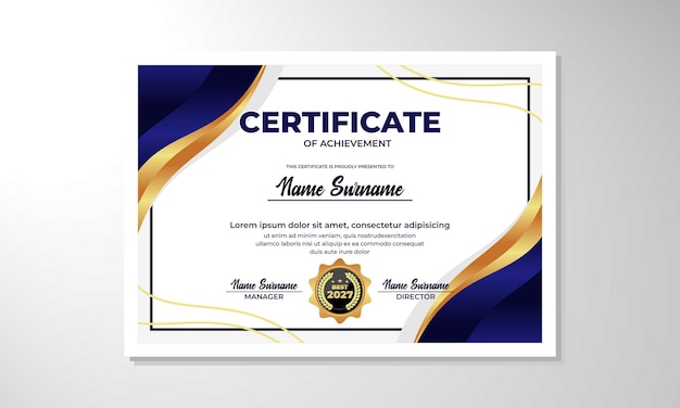 um certificado branco e azul com fundo dourado e azul